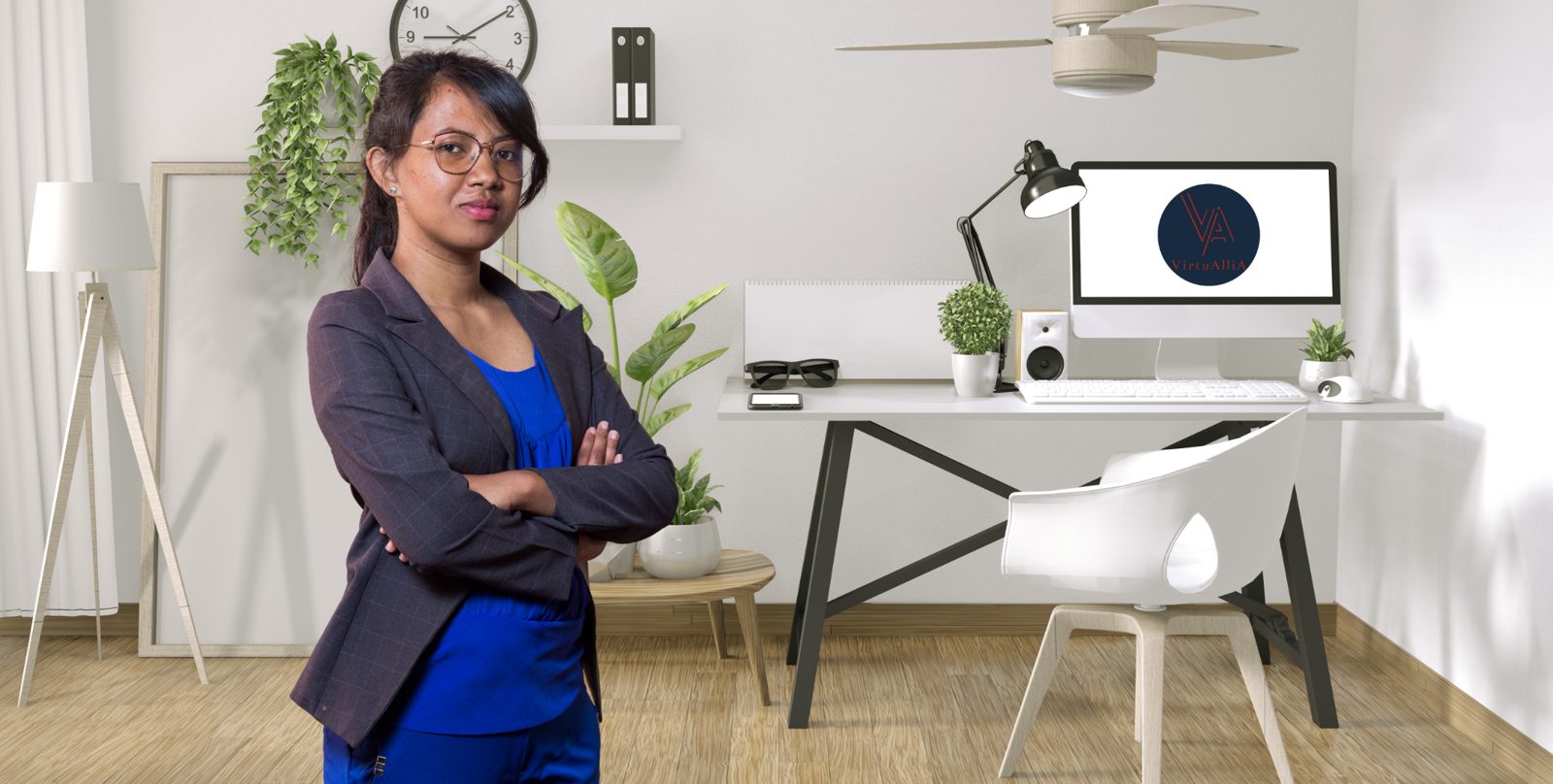 Nambi, assistante virtuelle administrative, dans un bureau d'entrepreneur organisé