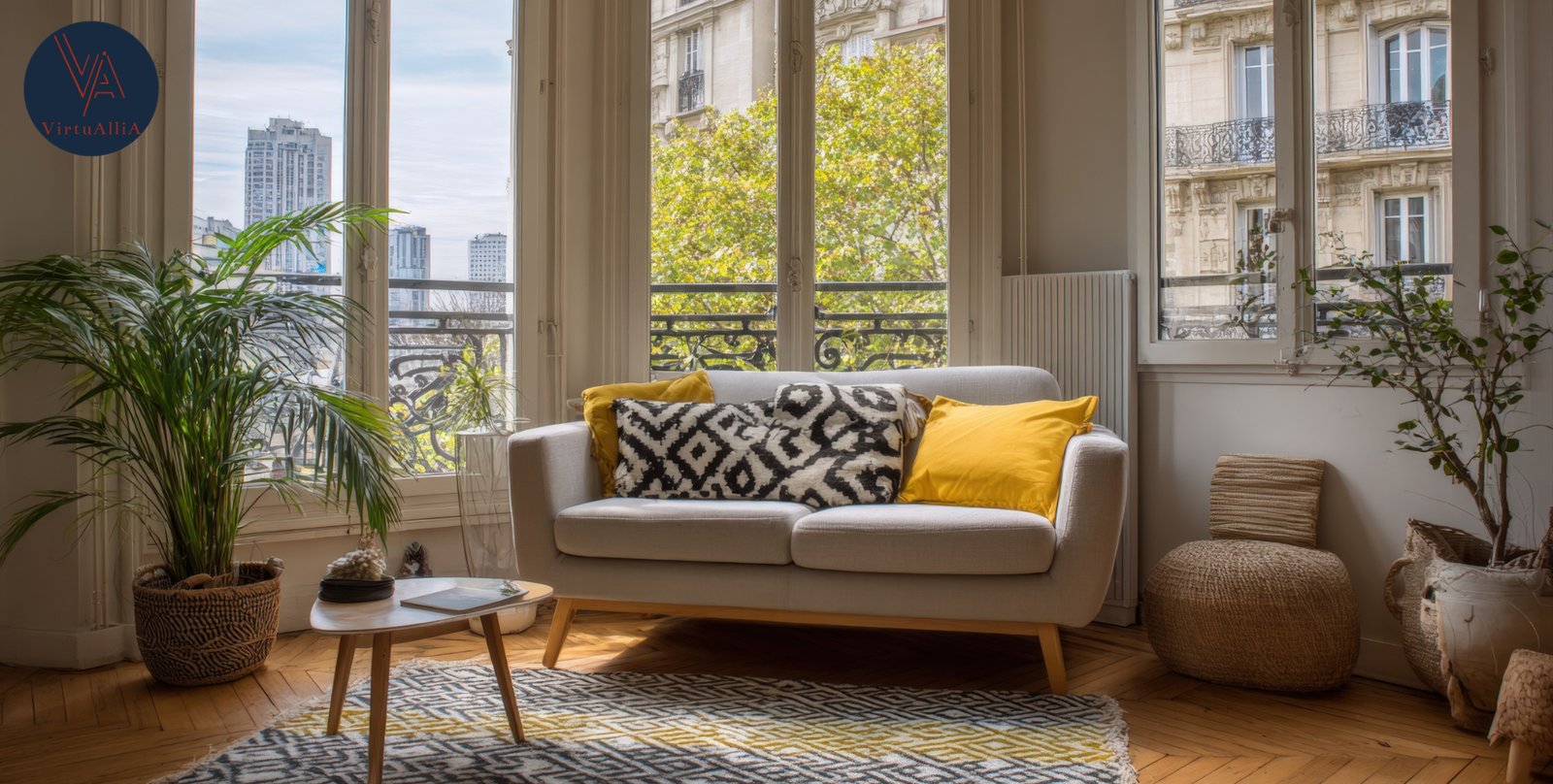 Salon lumineux d'un appartement en location courte durée géré par une assistante virtuelle conciergerie
